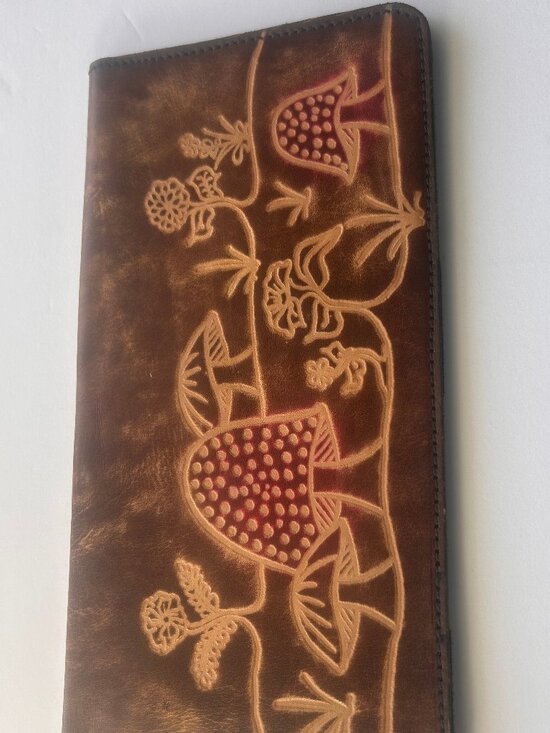 Handbags - Artisan Brown Hand-Tooled Leather Checkbook Cover/Long Wallet Boho Mushroom